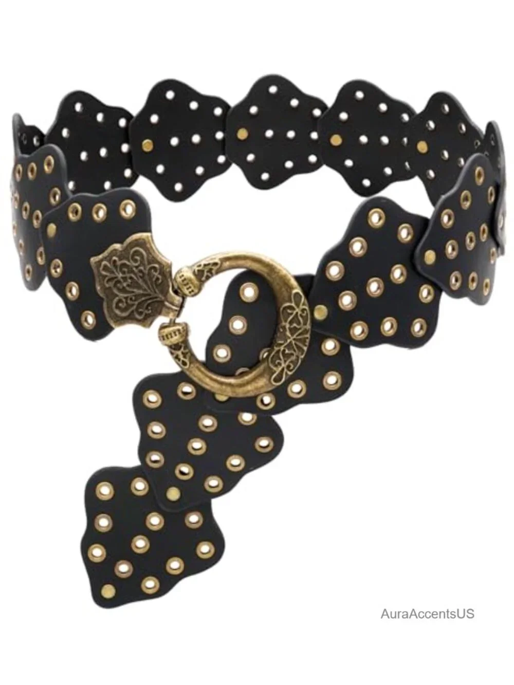 Vintage Hollow Boho Wide Disc PU Leather Belt with Metal Buckle